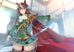 Rule 34 | 1girl, aiguillette, animal ears, black thighhighs, blush, brown hair, cape, commentary request, cowboy shot, earrings, epaulettes, green jacket, green skirt, hair between eyes, horse ears, horse girl, horse tail, indoors, jacket, jewelry, long hair, long sleeves, looking at viewer, medal, multicolored hair, parted lips, petals, petticoat, purple eyes, red cape, single earring, single epaulette, skirt, smile, solo, streaked hair, symboli rudolf (umamusume), tail, thighhighs, tsukareme, umamusume, white hair