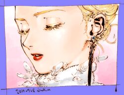 Rule 34 | 1girl, blonde hair, border, close-up, closed eyes, colored eyelashes, commentary, dated, earrings, emma (veil), feathered collar, from side, hair bun, jewelry, kotteri, lone nape hair, pink background, profile, purple border, rectangle, red lips, simple background, solo, symbol-only commentary, veil (manga)