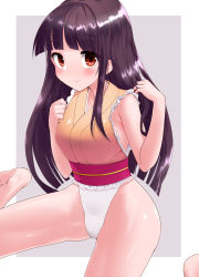 Rule 34 | 1girl, bare shoulders, barefoot, bed, belt, black hair, border, breasts, brown eyes, closed mouth, commission, eyes visible through hair, hands up, harry (namayake), highleg, highres, houraisan kaguya, leotard, long hair, looking at viewer, medium breasts, on bed, pink background, pink belt, pixiv commission, seiza, sitting, sleeveless, smile, solo, thighs, touhou, touhou tag dream, wariza, white border, wrestling outfit