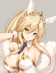Rule 34 | 1girl, ahoge, animal ears, artoria pendragon (all), artoria pendragon (fate), artoria pendragon (swimsuit ruler) (fate), bare shoulders, blonde hair, blue necktie, braid, breasts, cleavage, closed mouth, commentary request, commission, detached collar, fake animal ears, fate/grand order, fate (series), french braid, fur trim, green eyes, high ponytail, jewelry, large breasts, leotard, lips, looking at viewer, necktie, playboy bunny, ponytail, rabbit ears, shiny skin, short necktie, smile, solo, tiara, tony guisado, upper body, white leotard
