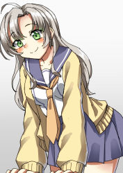 Rule 34 | antenna hair, belt, blush, breasts, cardigan, collarbone, collared shirt, green eyes, grey background, grey hair, hair tie, kantai collection, kinugasa (kancolle), kinugasa kai ni (kancolle), long sleeves, looking at viewer, mayura (lucadia), medium breasts, necktie, one side up, open cardigan, open clothes, pleated skirt, ribbon, sailor collar, school uniform, serafuku, shirt, skirt, solo, thighhighs, white shirt, yellow cardigan, yellow necktie