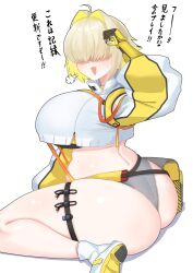 Rule 34 | 1girl, ahoge, ass, black gloves, black sports bra, blonde hair, blush, breasts, clothing cutout, crop top, cropped sweater, elegg (nikke), gloves, goddess of victory: nikke, grey shorts, hair intakes, hair over eyes, huge ass, large breasts, long bangs, long sleeves, micro shorts, multicolored clothes, multicolored gloves, multicolored hair, navel, open mouth, short hair, shorts, shoulder cutout, sitting, solo, sports bra, suspender shorts, suspenders, tebingo, thick thighs, thigh strap, thighs, two-tone hair, yellow gloves