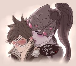 Rule 34 | 2girls, black hair, brown hair, english text, faceless, french text, gloves, goggles, head-mounted display, jacket, lipstick, makeup, multiple girls, murasaki-yuri, open mouth, overwatch, overwatch 1, ponytail, sweatdrop, tracer (overwatch), widowmaker (overwatch), yuri