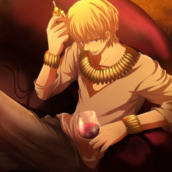 Rule 34 | 1boy, alcohol, bad id, bad pixiv id, blonde hair, bracelet, casual, chess piece, couch, cup, drinking glass, fate/zero, fate (series), gilgamesh (fate), jewelry, lopc, male focus, necklace, red eyes, short hair, solo, v-neck, wine, wine glass