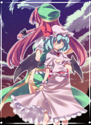 Rule 34 | 2girls, aqua hair, back-to-back, bad id, bad pixiv id, border, cloud, closed eyes, female focus, height difference, hong meiling, long hair, multiple girls, night, night sky, red hair, remilia scarlet, short hair, skirt hold, sky, subachi, embodiment of scarlet devil, touhou, twilight, wings, wrist cuffs