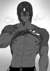 Rule 34 | 1boy, abs, ashwatthama (fate), blush, breath, buster shirt, clothes lift, dark-skinned male, dark skin, fate/grand order, fate (series), gradient background, greyscale, haiki (tegusu), highres, lifting own clothes, looking at viewer, male focus, monochrome, muscular, nipples, open mouth, shirt lift, shorts, simple background, solo, sweat, toned, toned male, upper body