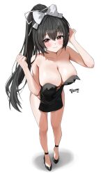 Rule 34 | 1girl, 72 chiri, absurdres, bare arms, bare legs, bare shoulders, black dress, black footwear, black hair, bow, breasts, cleavage, closed mouth, commission, dress, full body, hair bow, hands up, high heels, highres, large breasts, long hair, looking at viewer, no panties, original, pelvic curtain, ponytail, red eyes, short dress, simple background, smile, solo, standing, strapless, strapless dress, thighs, very long hair, white background