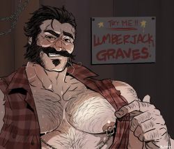 Rule 34 | 1boy, arm hair, bara, bare pectorals, beckoning, blush, chain, chest hair, come hither, english text, facial hair, graves (league of legends), large pectorals, league of legends, male focus, male prostitution, mature male, muscular, muscular male, mustache, nipple piercing, nipple rings, nipples, old, old man, pectorals, piercing, pointing, pointing at self, red shirt, rybiok, seductive smile, shirt, short hair, sleeveless, sleeveless shirt, smile, solo, stubble, torn clothes, torn shirt, upper body, wrinkled skin