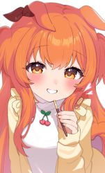 Rule 34 | 1girl, animal ears, blush, food, hair between eyes, highres, holding, holding food, horse ears, horse girl, inuyama nanami, long hair, long sleeves, looking at viewer, mayano top gun (umamusume), open mouth, orange eyes, orange hair, pocky, pocky day, simple background, smile, solo, two side up, umamusume, upper body, white background