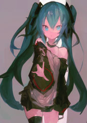 Rule 34 | 1girl, absurdres, aqua eyes, aqua hair, asymmetrical legwear, bare shoulders, black choker, choker, cowboy shot, expressionless, eyebrows hidden by hair, grey background, hair between eyes, hatsune miku, highres, kaamin (mariarose753), long hair, looking at viewer, off-shoulder shirt, off shoulder, outstretched arm, outstretched hand, shirt, single thighhigh, solo, thighhighs, twintails, very long hair, vocaloid