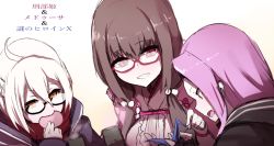 Rule 34 | 3girls, :d, absurdres, artoria pendragon (fate), bad id, bad twitter id, black-framed eyewear, black cloak, blue jacket, blush, brown hair, center frills, character name, cloak, commentary request, cup, eating, fate/grand order, fate (series), food, frills, glasses, gradient background, hair between eyes, hair bobbles, hair ornament, highres, holding, holding food, hood, hood down, hooded cloak, jacket, japanese clothes, kimono, long sleeves, medusa (fate), medusa (lancer) (fate), medusa (rider) (fate), multiple girls, mysterious heroine x alter (fate), mysterious heroine x alter (first ascension) (fate), open mouth, orange eyes, origami, osakabehime (fate), parted bangs, pink cloak, profile, protected link, purple eyes, purple hair, red-framed eyewear, red scarf, rider, scarf, semi-rimless eyewear, sketch, smile, steam, track jacket, translation request, under-rim eyewear, wada kazu, white background, white hair, white kimono, yellow background, yunomi