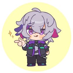 Rule 34 | 1boy, :q, ahoge, black jacket, black pants, blush stickers, boots, chibi, closed mouth, cross-laced footwear, full body, fuwa minato, grey hair, grey shirt, hand up, highres, jacket, kiduta cielo, lace-up boots, long sleeves, looking at viewer, male focus, multicolored hair, nijisanji, open clothes, open jacket, pants, purple eyes, purple footwear, purple hair, shirt, smile, solo, sparkle, standing, streaked hair, tongue, tongue out, two-tone background, virtual youtuber, white background, yellow background
