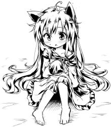 Rule 34 | 1girl, :c, age regression, ahoge, animal ears, barefoot, blush, brooch, collarbone, greyscale, imaizumi kagerou, jewelry, long hair, long sleeves, monochrome, natsu no koucha, off shoulder, oversized clothes, shirt, sitting, skirt, solo, touhou, very long hair, wide sleeves, wolf ears, aged down