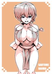 Rule 34 | 1girl, absurdres, blue eyes, blush, braid, breasts, character name, cleavage, cosplay, cowboy shot, english text, genderswap, genderswap (mtf), highres, large breasts, long hair, open mouth, ponytail, ranma-chan, ranma 1/2, revealing clothes, saotome ranma, shiranui mai (cosplay), single braid, solo, sweat, wide hips