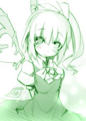 Rule 34 | 1girl, arms behind back, blush, daiyousei, fairy wings, green theme, hair ribbon, kazetto, long hair, looking at viewer, monochrome, ribbon, short sleeves, side ponytail, sketch, solo, touhou, wings