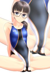 Rule 34 | 1girl, absurdres, black hair, blue eyes, blunt bangs, cameltoe, clothes writing, competition swimsuit, cowboy shot, glasses, gluteal fold, hair over shoulder, highres, looking at viewer, multicolored clothes, multicolored swimsuit, multiple views, one-piece swimsuit, original, simple background, sitting, spread legs, swimsuit, takafumi, white background, zoom layer