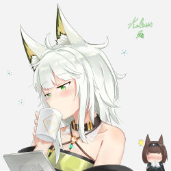 Rule 34 | 2girls, absurdres, ahoge, animal ear fluff, animal ears, arknights, bare shoulders, black choker, black hairband, blush, brown hair, character name, chinese commentary, choker, commentary request, criss-cross halter, cup, drinking, feza chen (ushaku), green eyes, grey background, hairband, halterneck, hand up, highres, holding, holding cup, kal&#039;tsit (arknights), mug, multiple girls, nose blush, o-ring, short hair, silver hair, simple background, upper body