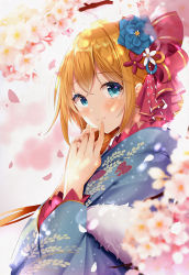 Rule 34 | 1girl, blonde hair, blue eyes, blush, cherry blossoms, commentary request, conconcon1031, crossed bangs, falling petals, finger to mouth, flower, from side, hair flower, hair ornament, japanese clothes, kimono, long hair, looking at viewer, pecorine (new year) (princess connect!), pecorine (princess connect!), petals, princess connect!, smile, solo