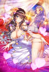Rule 34 | 2girls, age of ishtaria, ass, bare shoulders, black hair, blue eyes, bracelet, breasts, cleavage, copyright notice, covered navel, curtains, dress, flower, frau holle (age of ishtaria), grey hair, hair flower, hair ornament, hairband, heart, herr korbes (age of ishtaria), heterochromia, highres, indoors, jewelry, large breasts, looking back, lying, multicolored hair, multiple girls, munlu (wolupus), necklace, on side, orange eyes, purple hair, sunset, thighhighs, two-tone hair, white dress, white hairband, window, yellow eyes