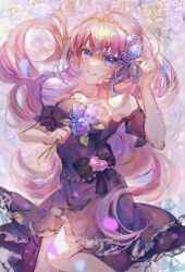 Rule 34 | 1girl, anniversary, bare shoulders, black bow, black dress, blue eyes, blue flower, bow, cowboy shot, dress, dress bow, floating hair, flower, gem, hair flower, hair ornament, hairband, hand up, highres, holding, holding flower, long hair, looking at viewer, megurine luka, open mouth, pearl (gemstone), pinapo 25, pink hair, smile, solo, strapless, strapless dress, very long hair, vocaloid