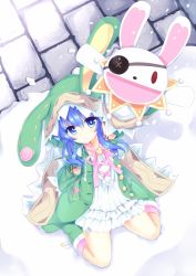 Rule 34 | 10s, 1girl, animal hood, blue eyes, blue hair, boots, rabbit hood, date a live, dress, east01 06, frilled dress, frills, from above, green footwear, highres, hood, looking at viewer, matching hair/eyes, sitting, smile, snowing, solo, stuffed animal, stuffed rabbit, stuffed toy, white dress, yoshino (date a live), yoshinon