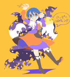 Rule 34 | 1girl, black footwear, blue eyes, blue hair, blush stickers, boots, cloak, dress, full body, grin, happy halloween, highres, knee boots, long sleeves, looking at viewer, multicolored clothes, multicolored dress, orange background, shaded face, shinsei tomato, short hair, simple background, smile, solo, star (symbol), tenkyuu chimata, touhou, white cloak, zipper