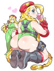 Rule 34 | 2girls, ahoge, ass, asymmetrical clothes, bad id, bad pixiv id, beret, blue eyes, blush, bodysuit, boots, braid, breasts, cammy white, chibi, combat boots, covered navel, doboshiru, fingerless gloves, food, from behind, gloves, hand on own hip, harness, hat, huge ahoge, ice cream cone, jitome, kneeling, large breasts, leotard, lita luwanda, long hair, multiple girls, plump, popsicle, pouch, simple background, single pantsleg, solo focus, street fighter, street fighter v, thigh pouch, thong leotard, twin braids