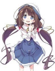 Rule 34 | 10s, 1girl, blue eyes, brown hair, hair ribbon, hat, hinatsuru ai, ixy, long hair, looking at viewer, low twintails, open mouth, ribbon, ryuuou no oshigoto!, school uniform, simple background, smile, solo, standing, twintails, white background, white hat, yellow ribbon