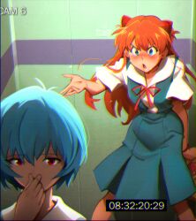 Rule 34 | 2girls, :o, absurdres, arm at side, ayanami rei, blue eyes, blue hair, blush, brown hair, collarbone, derivative work, hand on own nose, hand up, highres, indoors, khyle., long hair, looking at another, multiple girls, neck ribbon, neon genesis evangelion, open mouth, pleated skirt, red eyes, red ribbon, reference request, ribbon, school uniform, screenshot redraw, shirt, short hair, short sleeves, skirt, souryuu asuka langley, standing, sweat, taco bell, timestamp, tokyo-3 middle school uniform, white shirt