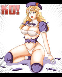 Rule 34 | 1girl, absurdres, beret, blonde hair, bra, breasts, cleavage, defeat, hat, highres, kneeling, large breasts, long hair, low twintails, navel, open mouth, panties, purple eyes, shijou hinako, snk, solo, the king of fighters, torn clothes, twintails, underwear, white bra, white panties