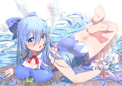 Rule 34 | 1girl, ass, bad id, bad pixiv id, barefoot, blue eyes, blue hair, bow, breasts, cirno, cleavage, dress, frog, hair bow, ice, ice wings, large breasts, long hair, looking at viewer, lying, matching hair/eyes, aged up, on stomach, solo, touhou, wings, yamada ranga