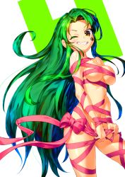 Rule 34 | 1girl, biting, blush, breasts, clenched teeth, colorful, dedeen, green eyes, green hair, grin, highres, long hair, multicolored background, naked ribbon, one eye closed, pink ribbon, ribbon, simple background, skindentation, smile, solo, standing, suzumiya haruhi no yuuutsu, teeth, tsuruya, very long hair, white background