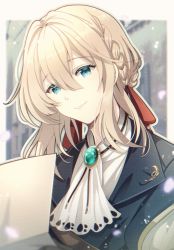 Rule 34 | 1girl, blonde hair, blue eyes, bon@villa, close-up, hair between eyes, holding, holding paper, light smile, looking down, paper, petals, reading, solo, violet evergarden, violet evergarden (series)
