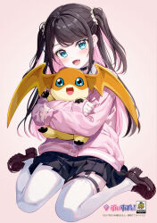 Rule 34 | 1girl, :d, black choker, black hair, black skirt, blue eyes, blush, brown background, brown footwear, choker, collared shirt, commentary request, crossover, digimon, digimon (creature), fang, fujima takuya, hug, jacket, kaga nazuna, loafers, long hair, long sleeves, looking at viewer, mole, mole under eye, multicolored hair, open mouth, patamon, pink hair, pink jacket, pleated skirt, puffy long sleeves, puffy sleeves, shirt, shoes, simple background, sitting, skirt, sleeves past wrists, smile, thighhighs, two-tone hair, two side up, very long hair, virtual youtuber, vspo!, wariza, white shirt, white thighhighs