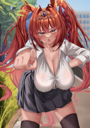 Rule 34 | 1girl, animal ears, blue sky, blurry, blurry background, breasts, brown eyes, brown hair, cleavage, daiwa scarlet (umamusume), hanging breasts, highres, horse ears, horse girl, horse tail, huge breasts, large breasts, leaning forward, long hair, looking at viewer, matching hair/eyes, no bra, open mouth, outdoors, pointing, pointing at viewer, sagging breasts, see-through, sky, solo, standing, tabunshake, tail, thighhighs, thighs, tiara, tree, twintails, umamusume