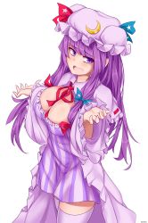 Rule 34 | 1girl, absurdres, blush, breasts, capelet, cleavage, cowboy shot, crescent, crescent hat ornament, d:, dress, frills, hands up, hat, hat ornament, highres, large breasts, long hair, looking at viewer, mob cap, open mouth, pan-ooh, patchouli knowledge, purple dress, purple eyes, purple hair, purple thighhighs, solo, thighhighs, touhou, transparent background, very long hair, white capelet, white thighhighs