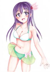 Rule 34 | 1girl, absurdres, bikini, breasts, cleavage, highres, kantai collection, kisaragi (kancolle), long hair, medium breasts, open mouth, purple eyes, purple hair, solo, swimsuit, transparent skirt
