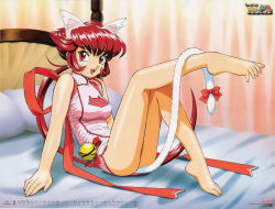 Rule 34 | 1990s (style), 1girl, animal ears, animal print, bare hips, bare legs, barefoot, bell, bow, calendar, cat ears, cat girl, cat print, cat tail, china dress, chinese clothes, chuu kana janshi tenhoo pai nyan, dress, feet, indoors, long hair, looking at viewer, non-web source, official art, on bed, open mouth, ponytail, red eyes, red hair, retro artstyle, shiny skin, sitting, sleeveless, sleeveless dress, solo, sonoda ken&#039;ichi, spread toes, tail, tail bow, tail ornament, teeth, tenhou pai-nyan, toes, upper teeth only, very long hair