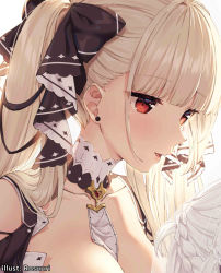 Rule 34 | 2girls, azur lane, backlighting, bare shoulders, black bow, black dress, black ribbon, blunt bangs, bow, breasts, center opening, cleavage, collar, collarbone, commentary, day, detached collar, dress, earrings, english commentary, formidable (azur lane), frilled collar, frills, hair bow, hair ribbon, highres, holding, illustrious (azur lane), indoors, jewelry, large breasts, long hair, looking at another, maid, multiple girls, official art, open mouth, platinum blonde hair, red eyes, ribbon, rosuuri, sidelocks, silver hair, smile, standing, sunlight, two-tone ribbon, very long hair, white ribbon