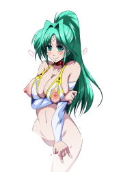 Rule 34 | 1girl, blush, breasts, closed mouth, green eyes, green hair, highres, large breasts, lindy harlaown, long hair, looking at viewer, lyrical nanoha, mahou shoujo lyrical nanoha strikers, navel, nipples, ponytail, simple background, smile, solo, tappa (esperanza), upper body, white background