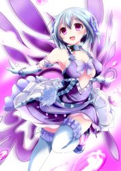 Rule 34 | 10s, 1girl, :d, blush, bow, breasts, choker, cleavage cutout, clothing cutout, divine gate, dress, earrings, elbow gloves, flower, frilled dress, frills, gloves, grey hair, hair bow, highres, jewelry, leg up, looking at viewer, medium breasts, nanaume (shichimi tougarashi), open mouth, outstretched arms, purple bow, purple eyes, shoes, short hair, sleeveless, smile, solo, thighhighs, vivian (divine gate), white gloves, white thighhighs