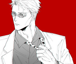 Rule 34 | 1boy, adjusting clothes, adjusting necktie, animal print, collared shirt, commentary request, ega (egavinote), expressionless, formal, goggles, greyscale with colored background, highres, jujutsu kaisen, korean commentary, leopard print, long sleeves, looking at viewer, male focus, nanami kento, necktie, portrait, red background, shirt, short hair, suit