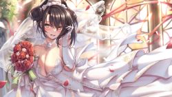 Rule 34 | 1girl, agent (girls&#039; frontline), alternate costume, bare shoulders, black hair, blush, bouquet, breasts, bridal veil, bride, cleavage, commentary request, double bun, dress, elbow gloves, falling petals, flower, frills, girls&#039; frontline, gloves, hair between eyes, hair bun, highres, holding, holding bouquet, horns, indoors, jewelry, large breasts, looking at viewer, open mouth, petals, red flower, red rose, ring, rose, sangvis ferri, sidelocks, smile, solo, upper body, veil, wedding dress, wedding ring, white dress, white gloves, xlscaler, yellow eyes
