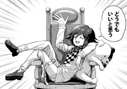 Rule 34 | 1boy, :d, arm up, checkered clothes, checkered scarf, closed eyes, commentary request, danganronpa (series), danganronpa v3: killing harmony, emphasis lines, full body, greyscale, hair between eyes, long sleeves, male focus, medium hair, monochrome, monokuma, on chair, open mouth, oma kokichi, pants, scarf, shoes, sitting, smile, speech bubble, straitjacket, stuffed animal, stuffed toy, teddy bear, teeth, translation request, upper teeth only, youko-shima