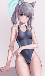 Rule 34 | 1girl, absurdres, animal ear fluff, animal ears, black one-piece swimsuit, blue archive, blue eyes, breasts, cameltoe, cleft of venus, competition swimsuit, covered navel, cross hair ornament, extra ears, grey hair, hair ornament, halo, highres, low ponytail, mau (akdntm3158), medium hair, mismatched pupils, multicolored clothes, multicolored swimsuit, official alternate costume, one-piece swimsuit, shiroko (blue archive), shiroko (swimsuit) (blue archive), small breasts, solo, swimsuit, wolf ears