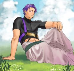 Rule 34 | 1boy, black shirt, cropped shirt, duryodhana (fate), facial hair, fate/grand order, fate (series), fusso oekaki, goatee, goatee stubble, highres, indian clothes, looking at viewer, male focus, mature male, on grass, outdoors, purple eyes, purple hair, shirt, short hair, sitting, smile, solo, stubble