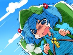 Rule 34 | 1girl, backpack, bag, blue eyes, blue hair, blue sky, cloud, cloudy sky, day, gradient background, hair bobbles, hair ornament, hat, kawashiro nitori, key, long sleeves, matching hair/eyes, open mouth, pocket, shinapuu, shirt, short hair, sky, solo, sweatdrop, tool belt, touhou, trembling, twintails, two side up