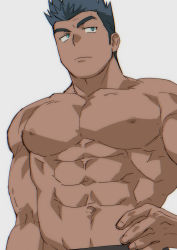 Rule 34 | 1boy, abs, bad id, bad pixiv id, bara, blush, collarbone, dark-skinned male, dark skin, green eyes, green hair, hand on own hip, highres, large pectorals, male focus, muscular, navel, nipples, original, pectorals, sagami jon, short hair, simple background, solo, spiked hair, toned, toned male, topless male, upper body