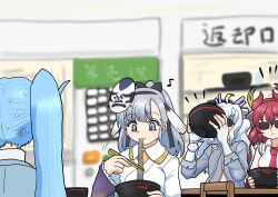 Rule 34 | 4girls, animal ears, blonde hair, blue hair, blush, bow, bowl, breasts, chopsticks, collared shirt, commentary request, dating, dragon ears, dragon girl, dragon horns, extra ears, fingerless gloves, fins, food, gloves, grey eyes, grey hair, highres, holding, holding bowl, holding chopsticks, horns, jinmen-gyo (kemono friends), kemono friends, kemono friends 3, large breasts, long hair, mask, mask on head, multicolored hair, multicolored horns, multiple girls, noodles, purple horns, ramen, red dragon (kemono friends), seiryuu (kemono friends), shinkaisoku, shirt, smile, sunglasses, sweatdrop, twintails, white dragon (kemono friends), white hair, yellow horns, yuri