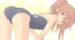 Rule 34 | 1girl, ass, bent over, blush, brown eyes, brown hair, from behind, kotowa ruko, looking at viewer, looking back, one-piece swimsuit, original, solo, swimsuit